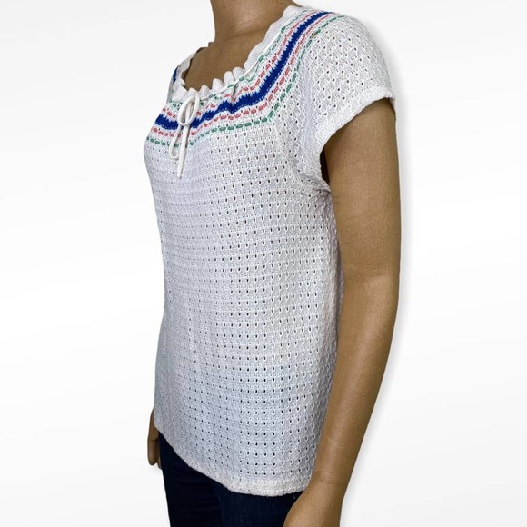 Vintage Crocheted Peasant Blouse Short Sleeve Knit Top - Picture 3 of 11